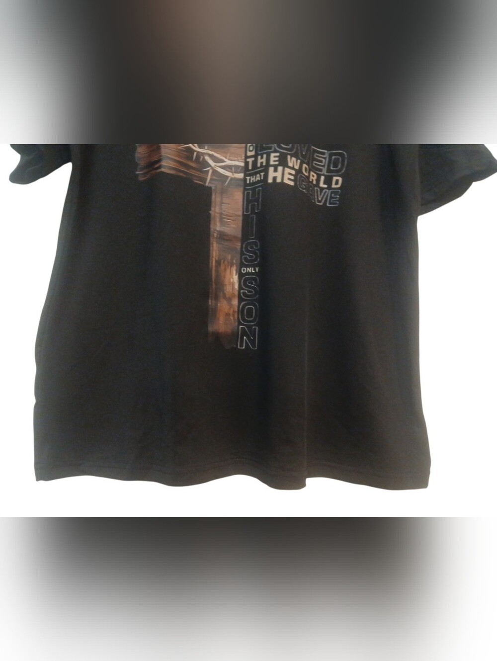 Access - NWOT, Black Short Sleeve Christian Tee Shirt, Cross,"For God So Loved" - Picture 6 of 9